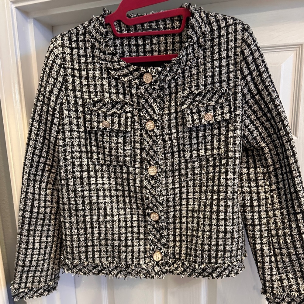 Adrianna Papell Black and White Button Up Tweed Jacket Blazer